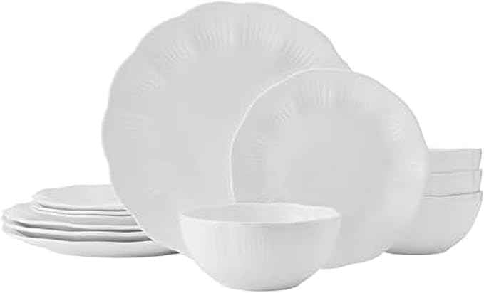 Mikasa Flora Scalloped Lightweight Chip Resistant Bone China 12 Piece Plate Bowl Dinnerware Set, Service for 4, White