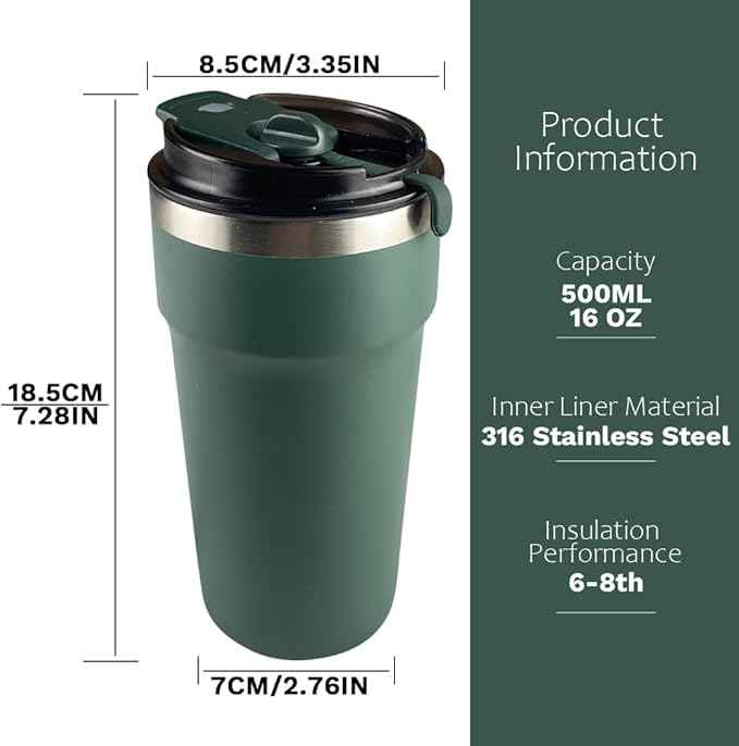 SPLMIFA Travel Coffee Mugs Leak-Proof, Reusable Coffee Cups with Lids, Stainless Steel Vacuum Insulated Coffee Tumblers, Thermal Insulation Cups for Men and Women Hot & Cold Drinks(4th-Green, 16OZ)