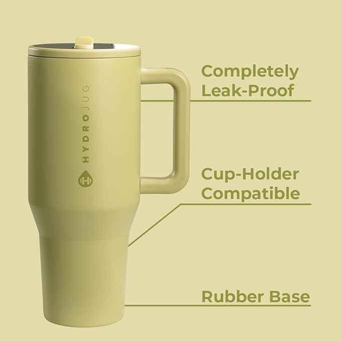 HydroJug Traveler - 32 oz Water Bottle with Handle & Flip Straw - Fits in Cup Holder, Leak Resistant Tumbler-Reusable Insulated Stainless Steel & Rubber Base - Gifts for Women & Men, Olive