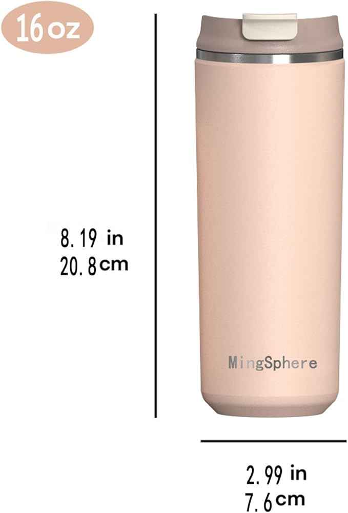 Travel Coffee Mug with Lid, 16 oz Insulated Tumbler, Leak Proof Stainless Steel Cup, for Hot Coffee, Iced Tea & Water, BPA Free, Car Cups Holder Friendly, Pink