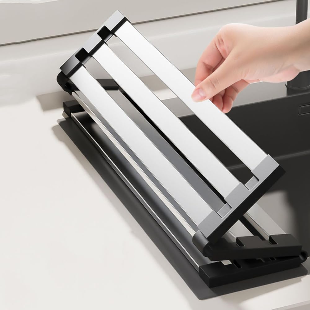 Roll Up Dish Drying Rack, Over Sink Stainless Steel Rack,Foldable Kitchen Sink Mat,Kitchen Sink Drain Rack Dish Storage Rack (19.69" H x 12.8" W)