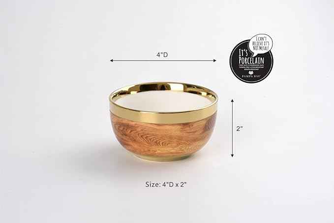 Pampa Bay Wood Look Titanium-Plated Porcelain Snack Bowl, 4.3 Inch, Gold/White/Wood look