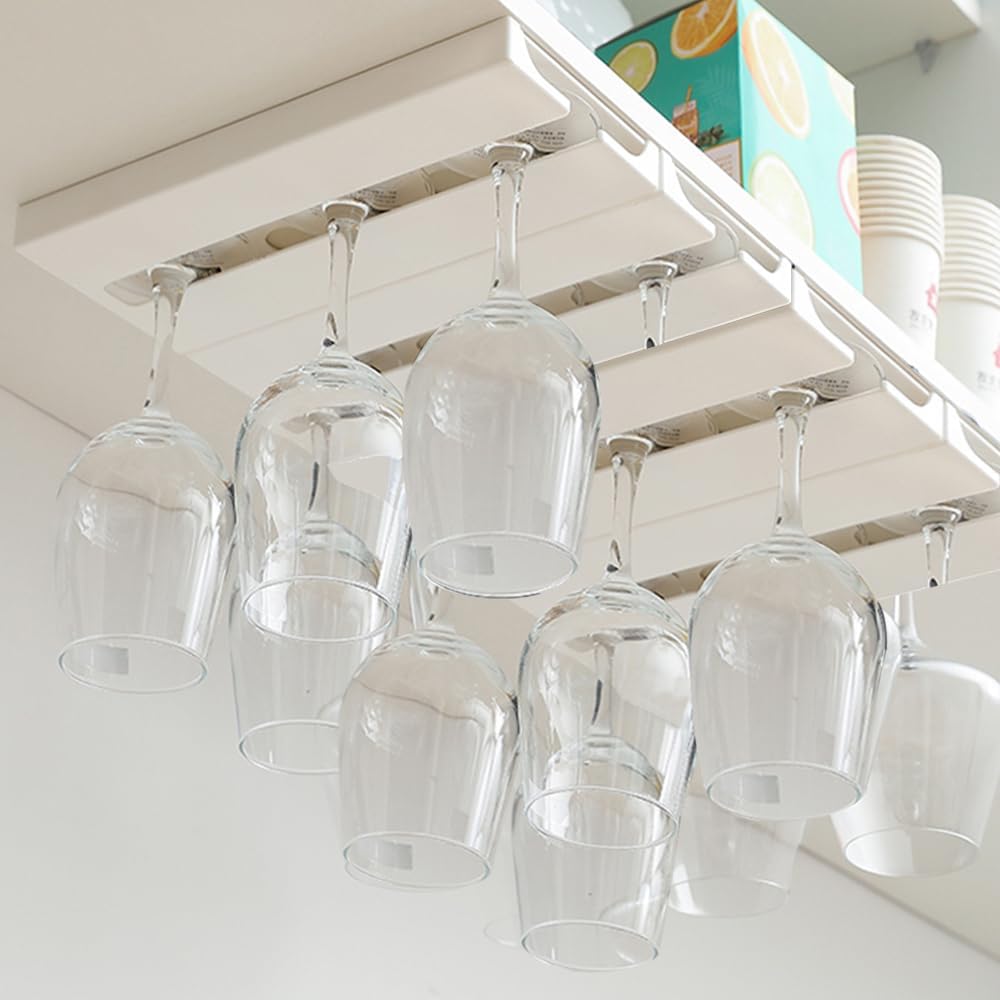 Wine Glass Holder Under Shelf or Cabinet Punch-free,Wine Glass Rack Stemware Rack Glassware Drying Storage Hanger for Kitchen,Bar and Restaurant (White)