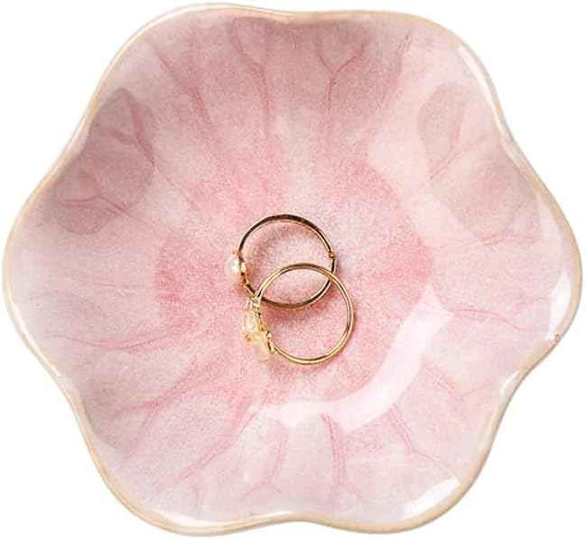 JAMEND CLXP Lotus Leaf Shape Decorative Ring Tray, Small Key Bowl, Ceramic Trinket Tray Jewelry Dish Organizing Necklace Earrings, Home Decoration for Mom Best Friend Sister, Pink.
