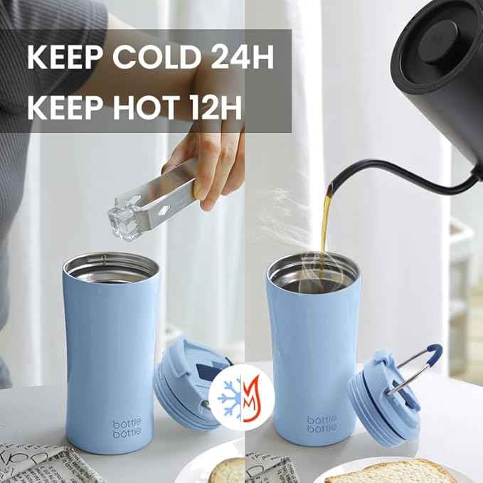 BOTTLE BOTTLE Coffee Tumbler with Dual-use Lid and Straw Double Walled Iced Travel Coffee Mug for Woman and Man 12 oz Stainless Steel Insulated Tumbler with Handle (blue)