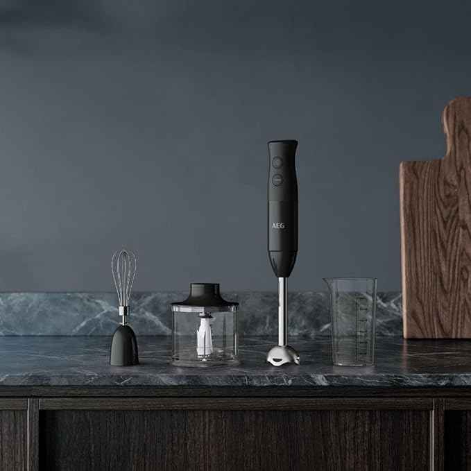 AEG HB4-1-6GG hand blender, including 2 stainless steel blades, comprehensive accessories, BPA-free, 2 speed settings, turbo function, dishwasher safe, brushed stainless steel / grey