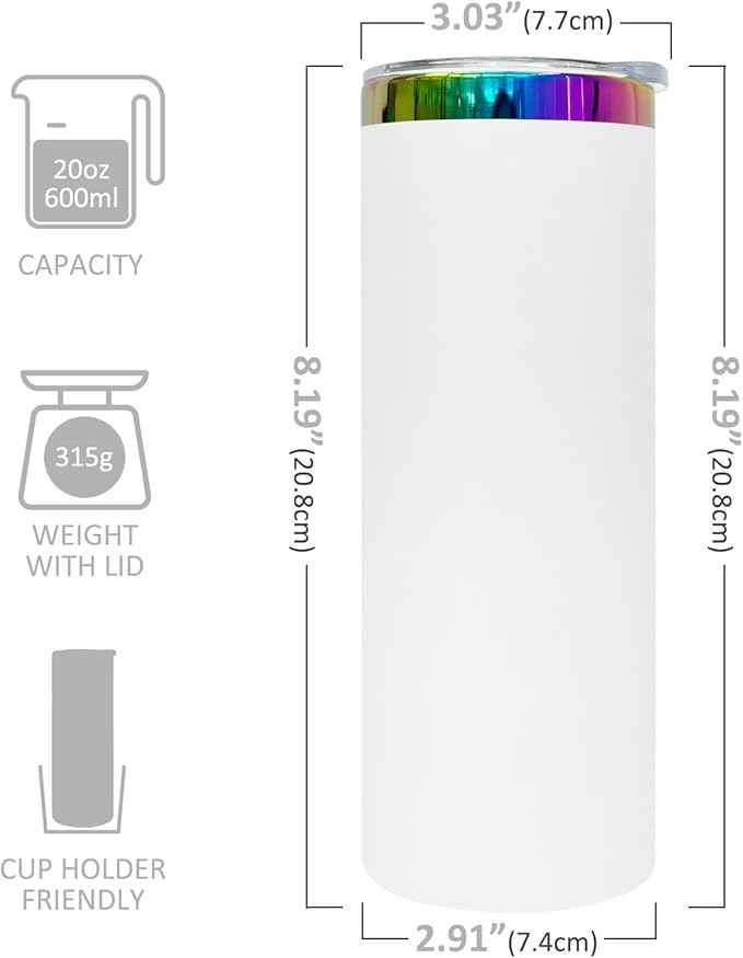20 oz Skinny Tumblers Stainless Steel Tumbler with Lid and Straw Double Wall Vacuum Insulated Coffee Mug 20oz Powder Coated Cup for Hot and Cold Drinks(White,8 pack)