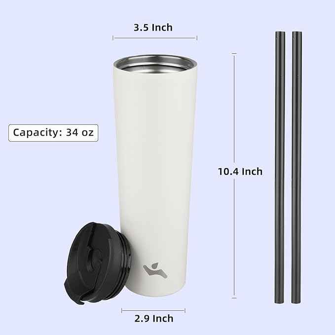 Konokyo 34 OZ Insulated Tumbler with Lid and 2 Straws Stainless Steel Water Bottle Vacuum Travel Mug Coffee Cup,Angel White