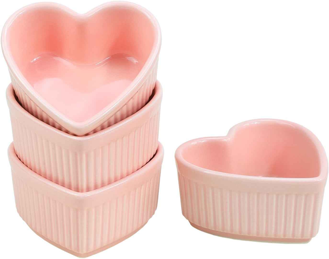 Sizikato Heart-Shaped Porcelain Souffle Dishes, Ramekins - 3.5 Inches for Souffle, Creme Brulee and Dipping Sauces - Set of 4