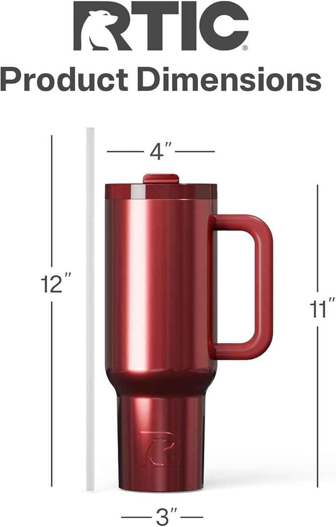 RTIC 40 oz Road Trip Tumbler Double-Walled Insulated Stainless Steel Portable Travel Coffee Mug Cup with Lid, Handle and Straw, Black Cherry Metallic
