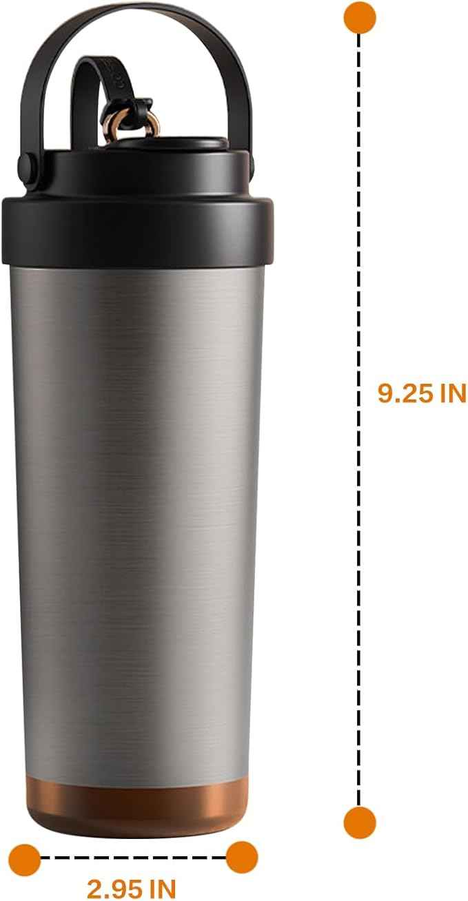 26oz Ceramic Coated Water Bottle, 3-Way Drinking (Straw/Sip/Wide Mouth), 6H Hot & Cold Insulated Water Bottle Leakproof Travel Cup with Handle - Silver