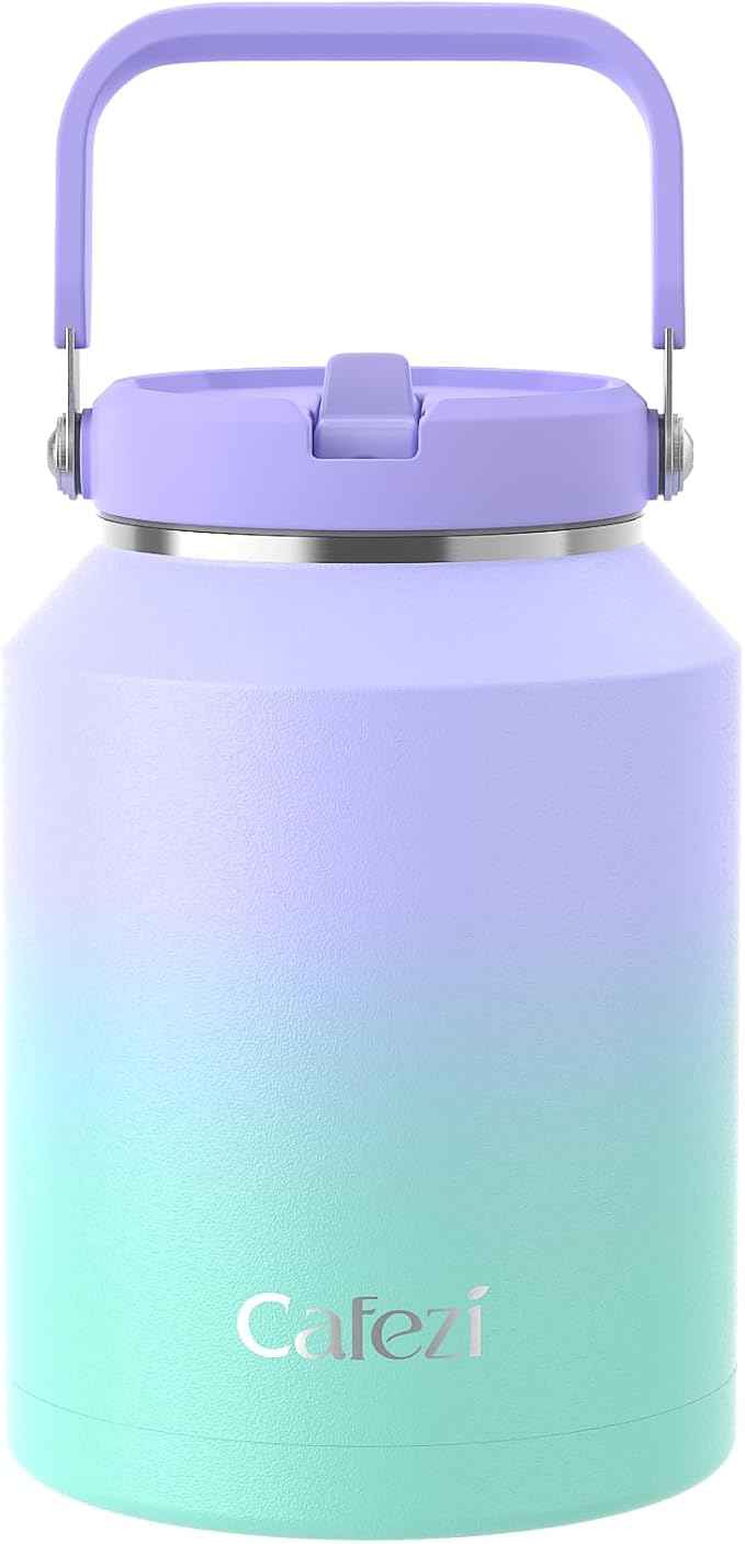 Half Gallon Insulated Water Bottle with Flip Straw, Vacuum Insulated Stainless Steel Jug with Top Handle, Leak-Proof Lid, Sweat-Free, Wide Mouth, Keeps Ice Cold up to 34 Hours