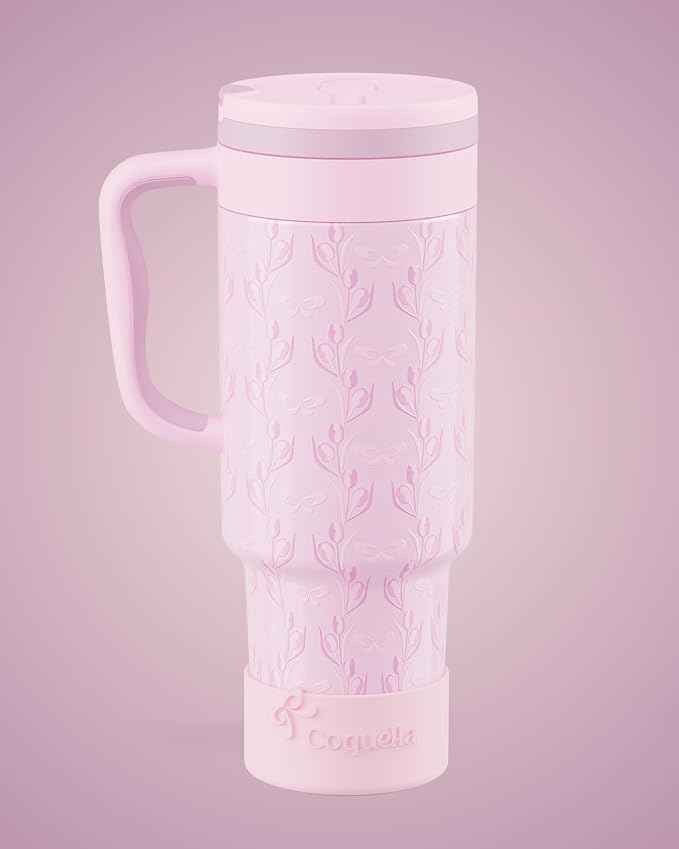 40 oz Insulated Tumbler with Handle and Push-Button Straw Lid, Stainless Steel Travel Cup for Gym Office, Leakproof, BPA-Free, Cup Holder Friendly, Bow Silicone Boot, Purple (Tulip Lilac)