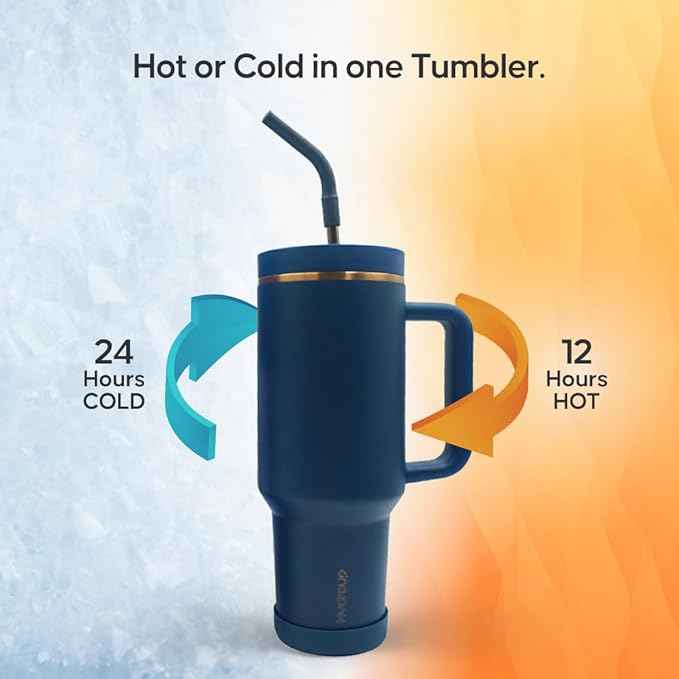 40oz Travel Tumbler Cup with Handle, Two-Way Slider Lid, Stainless Steel Straw with Silicone Tip, Vacuum Insulated Water Bottle for Hot & Cold Drinks, Great Gifts for Mom (Blue Gold)