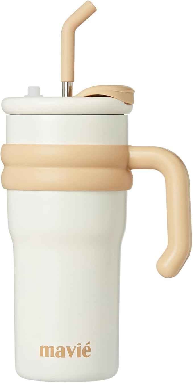 24oz Tumbler With Handle & Metal Straw + Silicone Cover & Sip Spout, Double Insulated Stainless Steel Water Bottle With Rubber Base, Leakproof, Cup Holder Friendly Travel Coffee Mug (Beige)