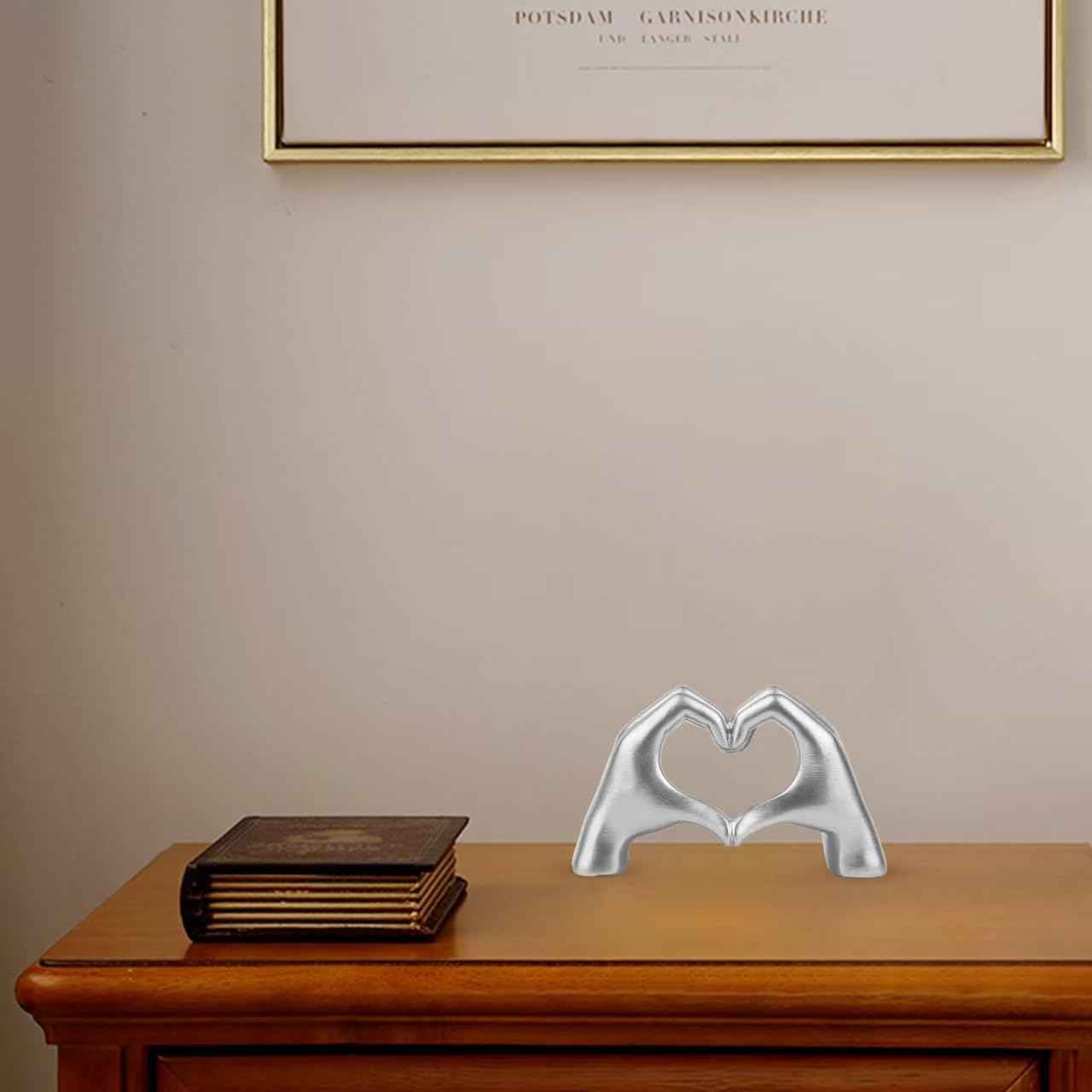 Small Silver Decor,Resin Heart Hands Sculpture for Living Room Bedroom Bookshelf Shelves Office Desk Decor,Love Finger Modern Statue for Wedding Decorations,Unique Birthday for Women Girls.