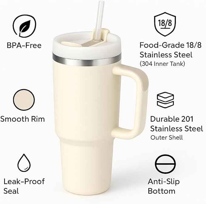 40 oz Tumbler with Handle and Straw | Insulated Stainless Steel Travel Mug with Leak Proof Lid | Cup Holder Friendly | BPA Free | Keeps Cold 12 Hours Hot 8 Hours