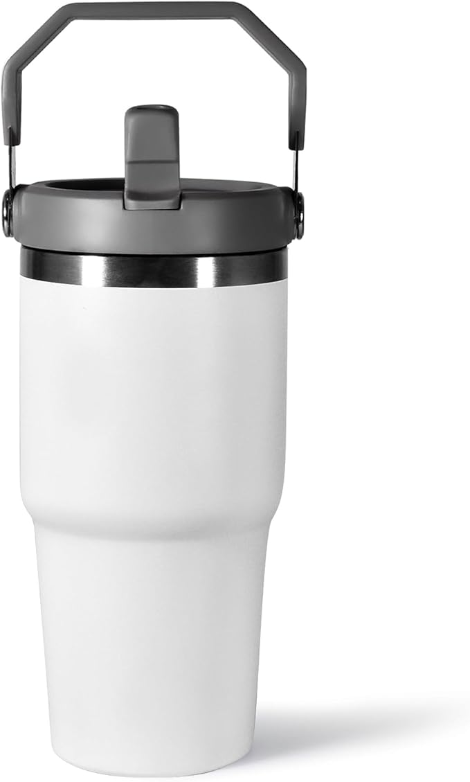 20 oz Tumbler with Handle, Insulated Tumbler with Lid and Flip Straw Leak Proof Double Wall Stainless Steel Vacuum Travel Coffee Mug Insulated Water Bottle Thermal Cup, Cupholder Friendly, White