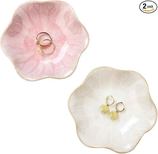 JAMEND CLXP 2PCS Lotus Leaf Shape Ring Holder Dish, Small Key Bowl, Ceramic Trinket Tray Jewelry Dish Organizing Necklace Earrings for Mom Friend Sister, All Jewelries Are NOT Included. White +Pink.…