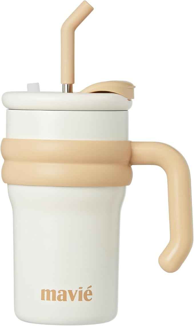 17oz Tumbler With Handle & Metal Straw + Silicone Cover & Sip Spout, Double Insulated Stainless Steel Water Bottle With Rubber Base, Leakproof, Cup Holder Friendly Travel Coffee Mug (Beige)