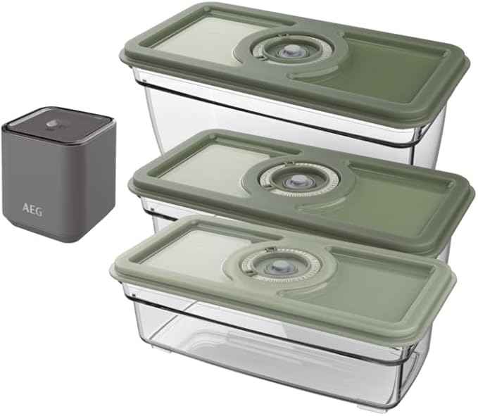 AEG AVFK1+ Fresh Kit+ Vacuum Sealer (Hand Vacuum Pump, 3 Airtight Vacuum Containers with Date Function, Fast Vacuum Food, Preservation of Nutrients, Design, Sustainable, Grey)