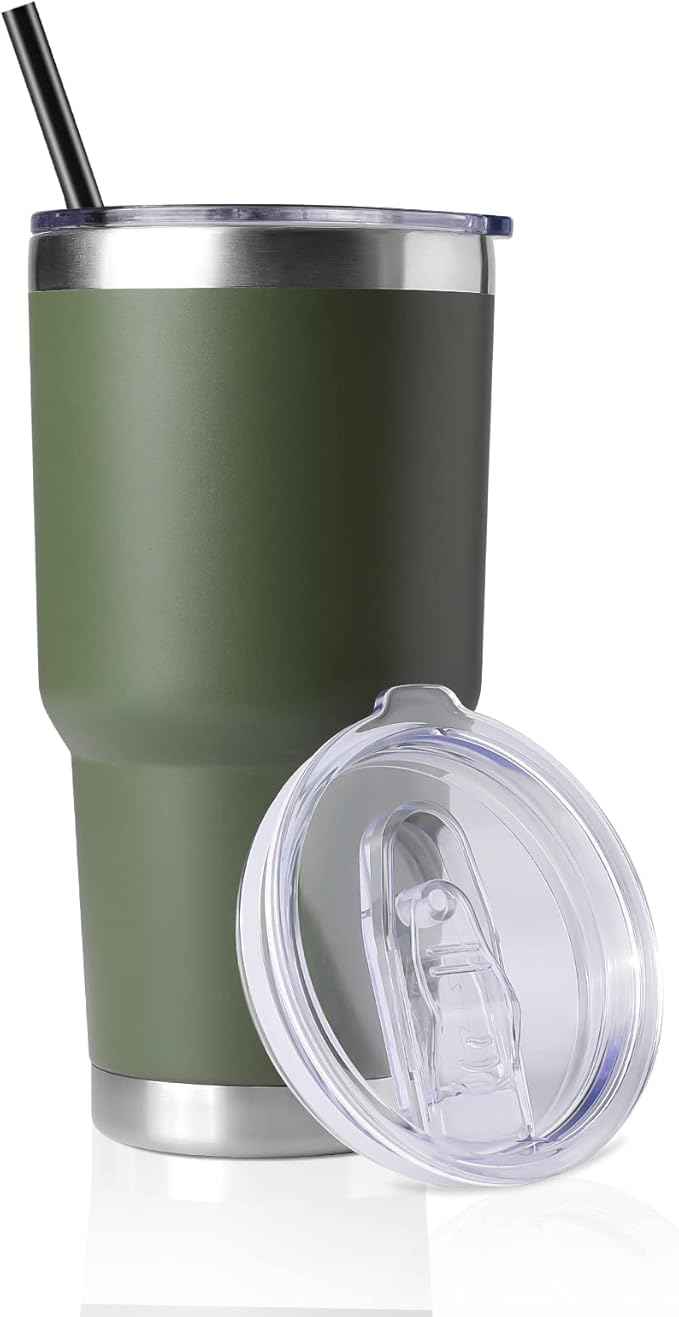 DOMICARE 30 oz Tumbler with Lid and Straw, Stainless Steel Tumblers Bulk, Insulated Vacuum Double Wall Travel Coffee Mug, Durable Powder Coated Tumbler Cup (Army Green, 1)