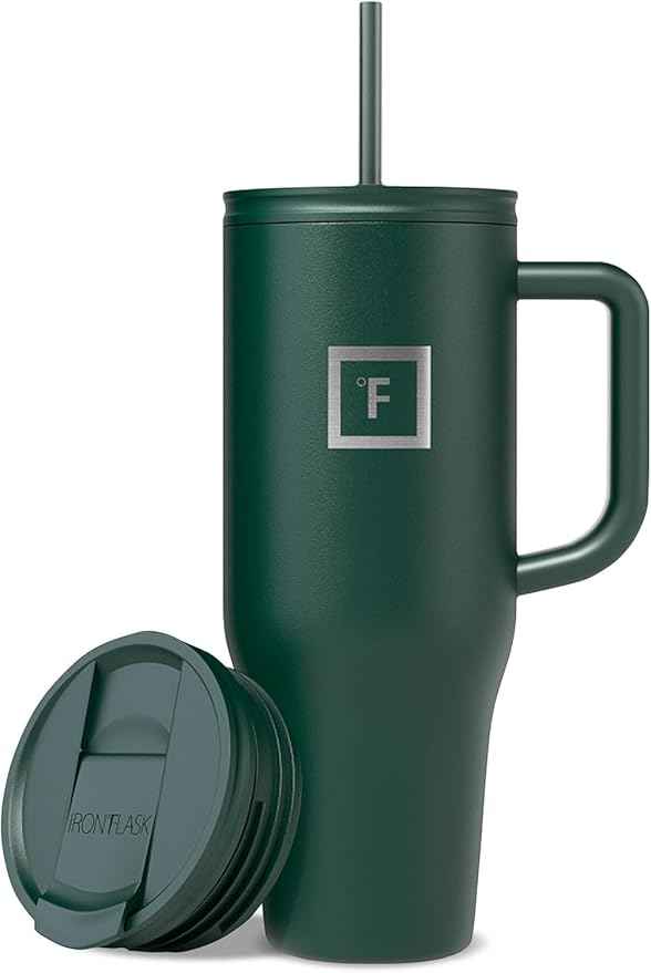 IRON °FLASK Co-Pilot 40 oz Insulated Tumbler with Straw & Flip Cap Lids - Cup Holder Bottle for Hot or Cold Drink - Leak-Proof, Double Walled - Water, Coffee Portable Travel Mug - Dark Pine