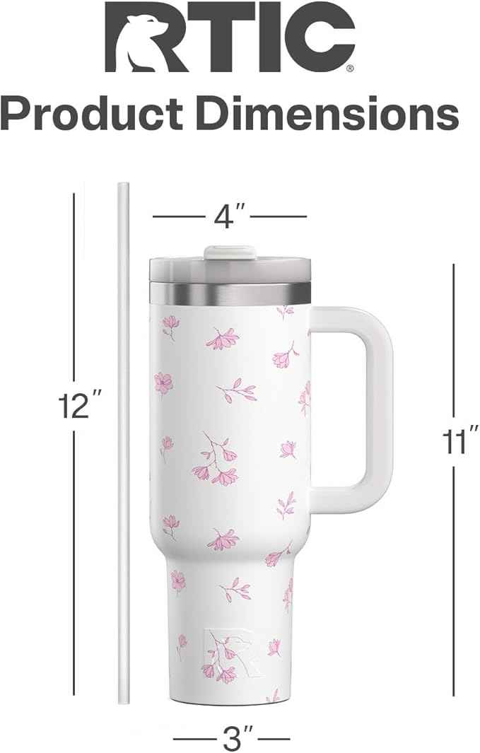 RTIC 40 oz Road Trip Tumbler Double-Walled Cermaic Lined Insulated Stainless Steel Portable Travel Coffee Mug Cup with Lid, Handle and Straw, Pink Magnolias