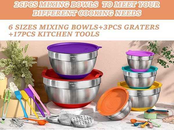 Umite Chef Thickened Heavy-Duty 26pcs Stainless Steel Bowl, Mixing Bowl Set with Lid, Grater Attachment, Colorful Non-Slip Bottom and Kitchen Gadget Set, Sizes 7, 4, 2.5, 2.0, 1.5, 1QT