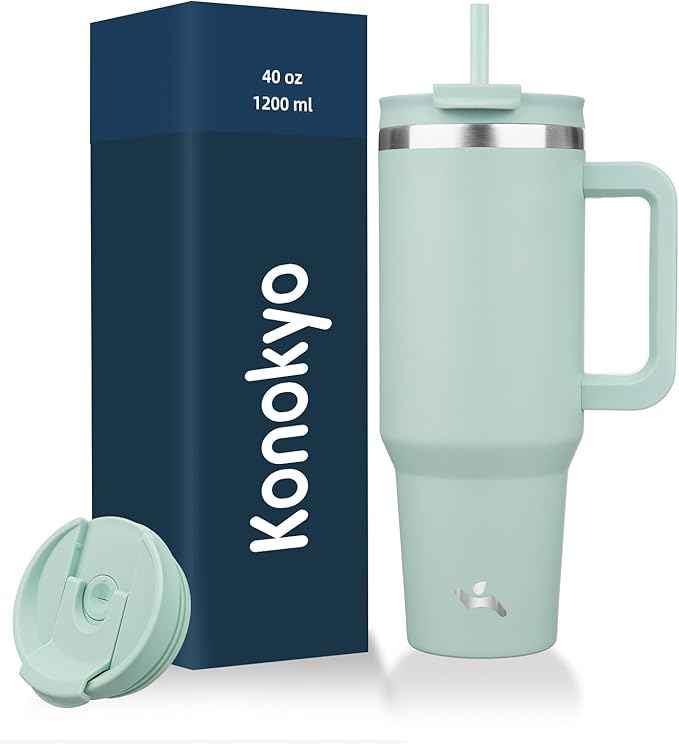 Konokyo 40 oz Tumbler with Handle and 2 Straws,2 in 1 Lid Insulated Water Bottle Stainless Steel Travel Coffee Mug,Retro Green