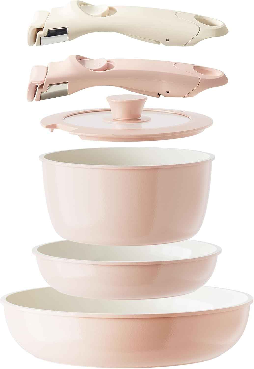 Ceramic Pots and Pans Set Non Stick, Nonstick Kitchen Cookware Sets, Non Toxic Pots and Pans Set Non Stick, PFAS PFOA & PTFE Free, Detachable Handle Pots and Pans 6 Piece, RV Cookware (Pink)