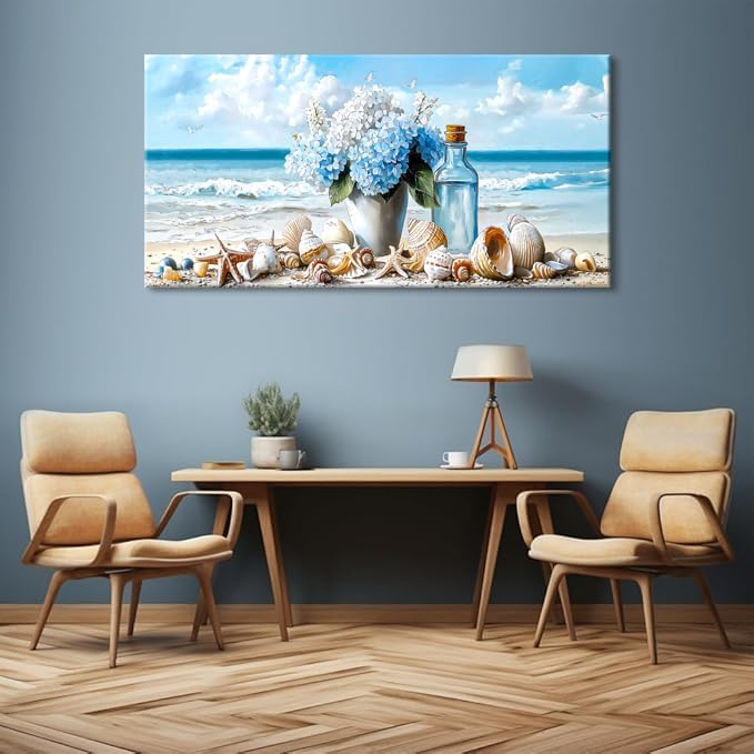 LASMOND Romantic Beach Wall Art for Living Room Blue Shells Conch Vase Canvas Prints Modern Large Flower Bottle Bedroom Ocean Artwork Decor (58x28 Inches)