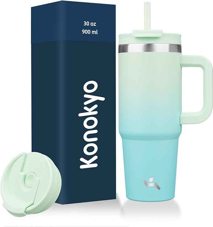 Konokyo 30 oz Tumbler with Handle and 2 Straws,2 in 1 Lid Insulated Water Bottle Stainless Steel Travel Coffee Mug,Mint