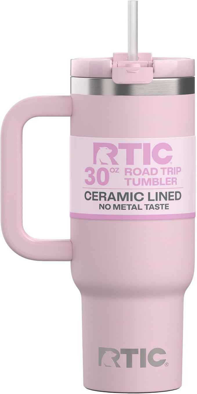 RTIC 30 oz Road Trip Tumbler Double-Walled Ceramic Lined InsulatedStainless Steel Portable Travel Coffee Mug Cup with Lid, Handle and Straw, Pale Pink