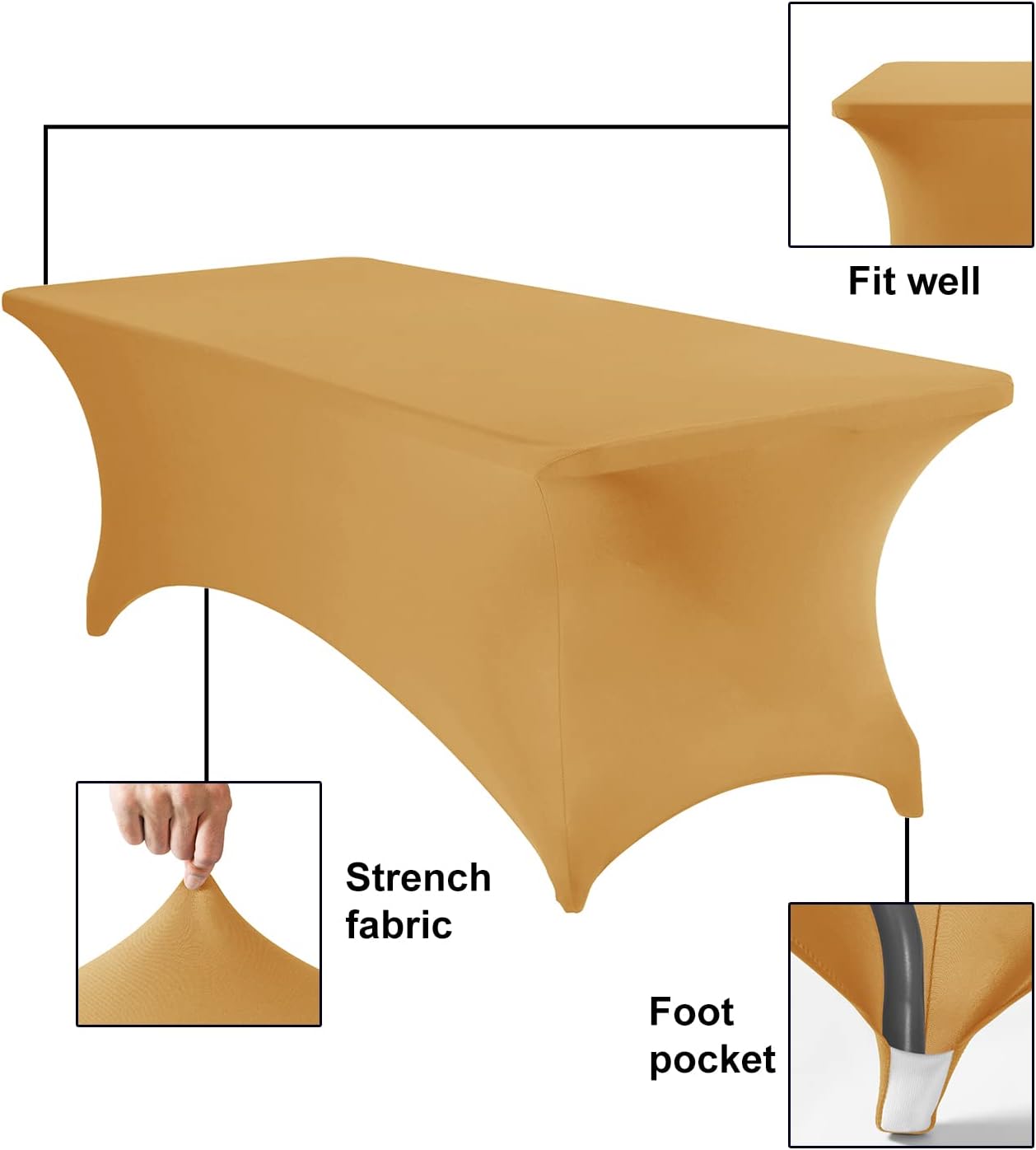 Spandex 8ft Waterproof Table Cover for Party,Wedding, Banquet, and Events(Gold)