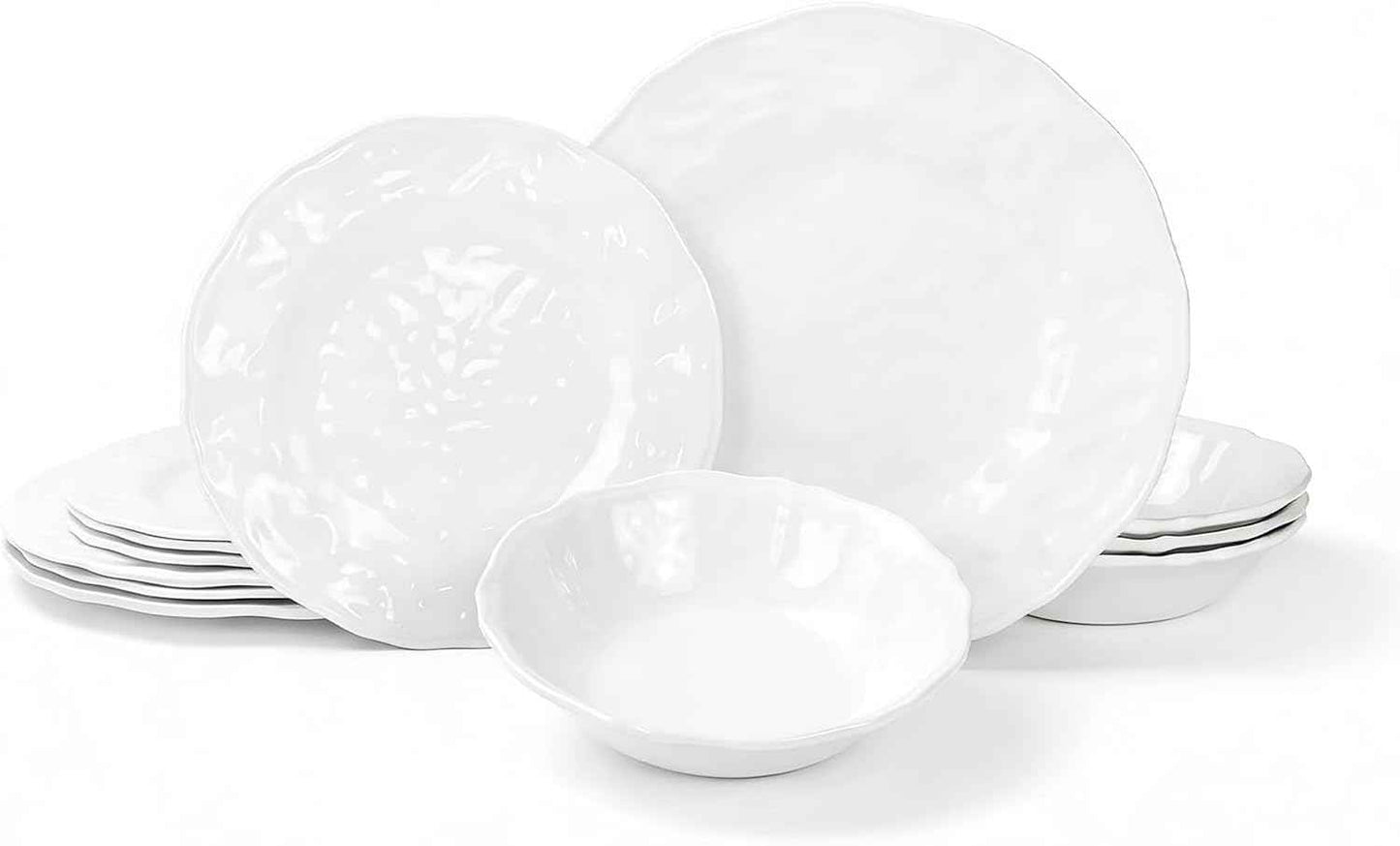 12-Piece Melamine Plastic Dinnerware Set - Large Plates and Bowls with Scalloped Edge and Textured Surface for 4 - Dishwasher Safe, Non-Breakable, Perfect for Family Meals and Parties - White