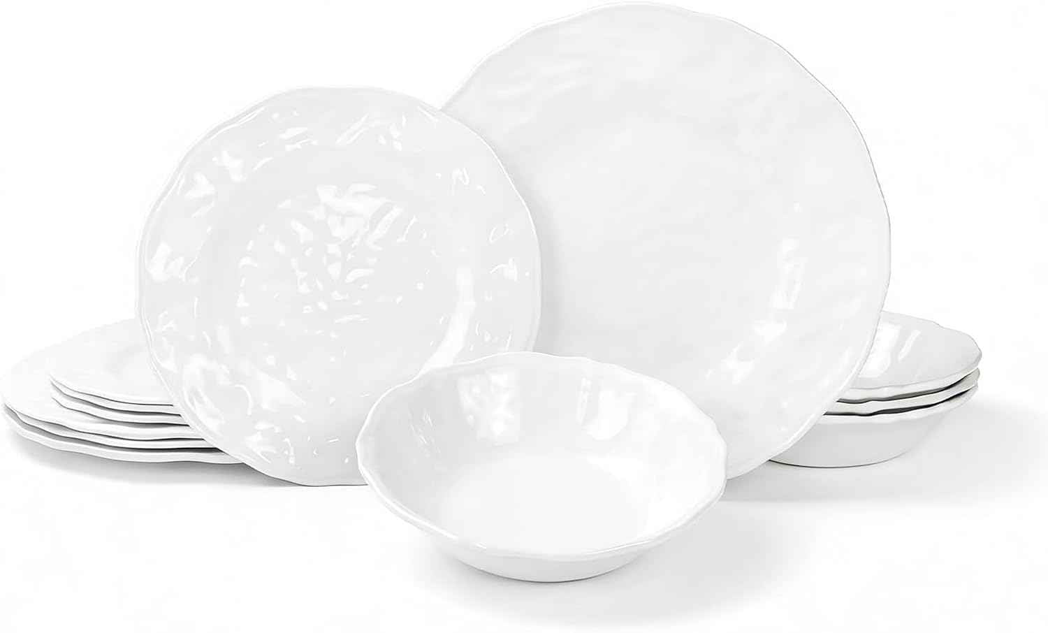 12-Piece Melamine Plastic Dinnerware Set - Large Plates and Bowls with Scalloped Edge and Textured Surface for 4 - Dishwasher Safe, Non-Breakable, Perfect for Family Meals and Parties - White