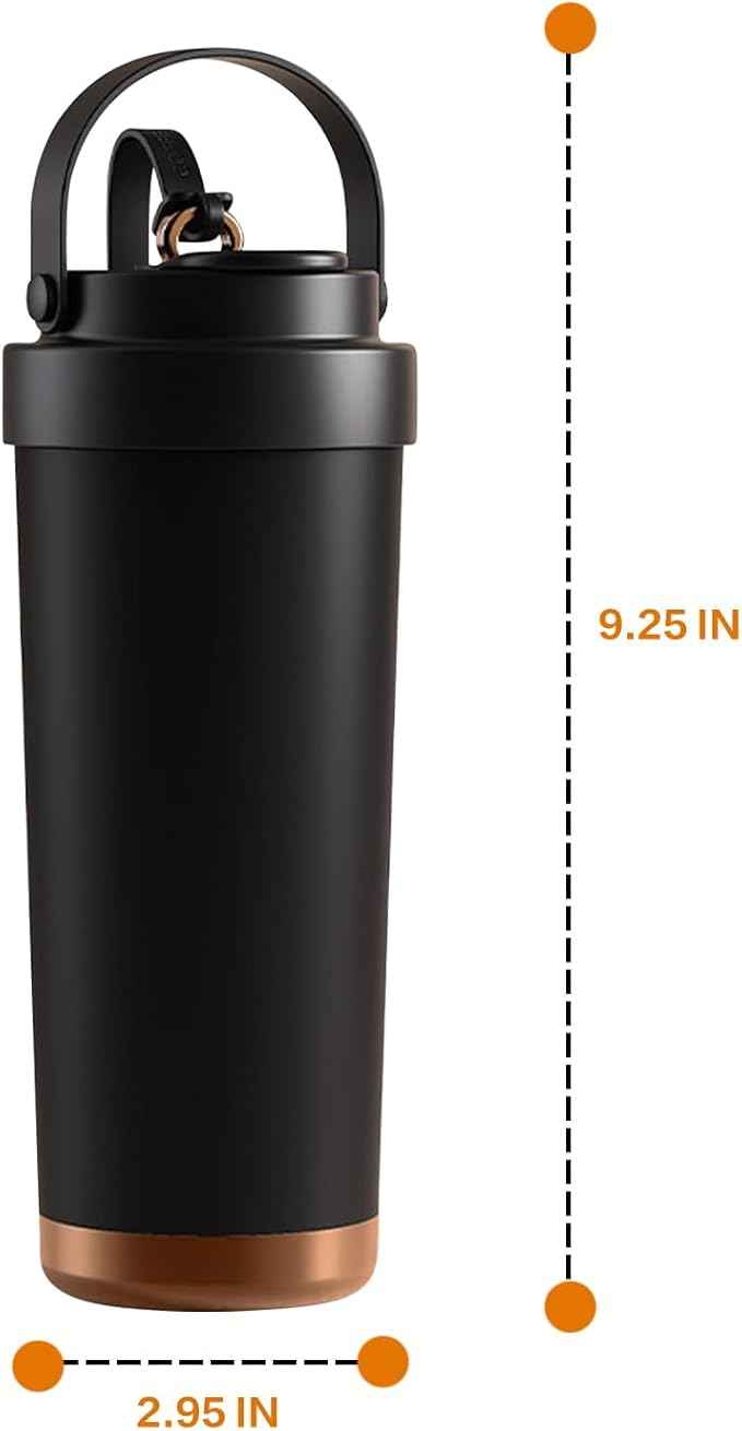 26oz Ceramic Coated Water Bottle, 3-Way Drinking (Straw/Sip/Wide Mouth), 6H Hot & Cold Insulated Water Bottle Leakproof Travel Cup with Handle - Black