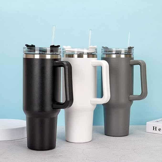 40oz Insulated Travel Mug Tumbler With Handle and Straw,Stainless Steel Double Wall Vacuum Cup Keep Drink Cold and Hot (White)