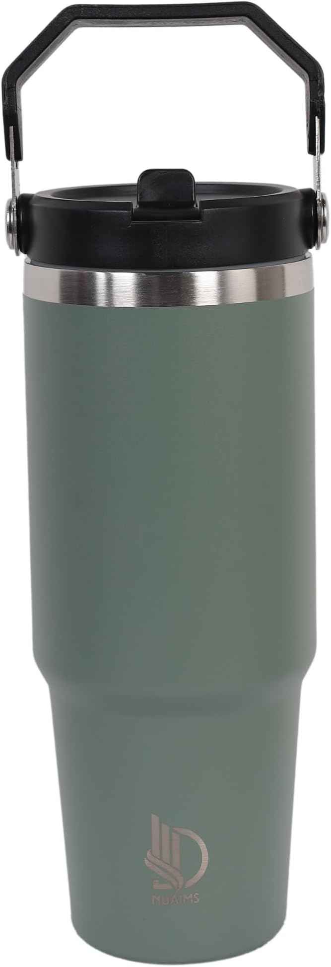 30oz Stainless Steel Insulated Water Tumbler with Handle | Secure Twist Lid & Flip Straw | Leak-Proof, BPA-Free IceFlow Inspired Design (Olive Green)