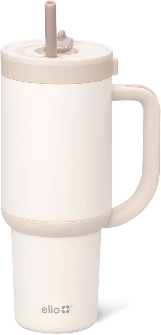 Ello Oasis 30 oz Tumbler with Handle & Retracting Straw | Reusable Insulated Stainless Steel Cup 100% Leakproof, Gifts for Teens Women Men | Keeps cold for 24 Hours, Cup Holder Friendly, Cream Tonal
