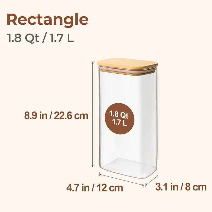 ComSaf 1.8 Qt Rectangle Glass Storage Containers with Lids, Glass Jars with Bamboo Lids, Clear Food Storage Jar, Sugar Coffee Containers, Pantry Storage Container for Pasta Rice Flour Oats Nuts Tea