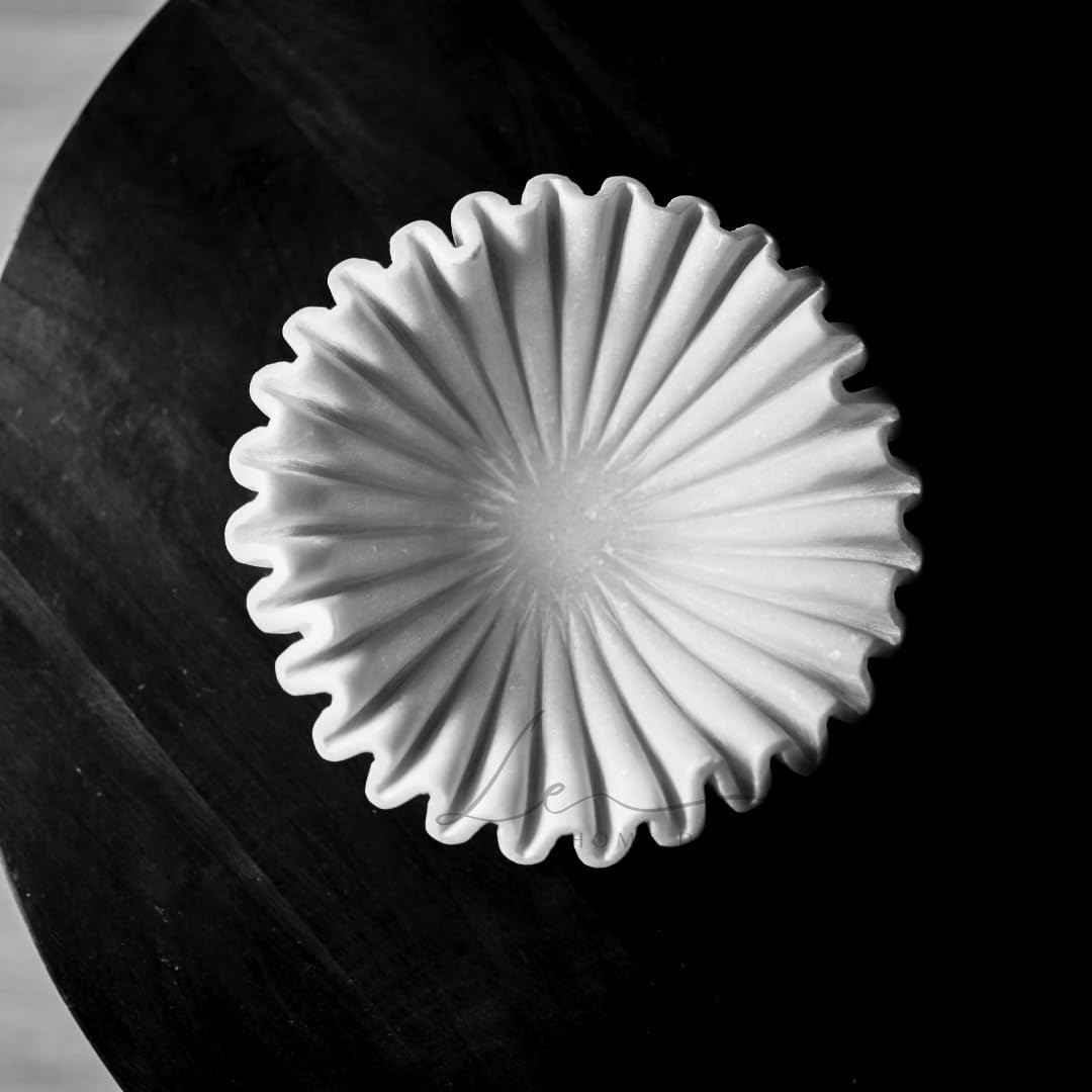 Handmade Marble Scalloped Bowl - 7 inches/Decorative Ruffle Home Decor Bowl/Natural Stone Ruffle Dish/Handcrafted White Marble Dish (7 Inches)