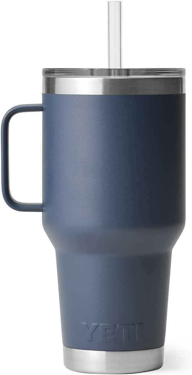 YETI Rambler 35 oz Tumbler with Handle and Straw Lid, Travel Mug Water Tumbler, Vacuum Insulated Cup with Handle, Stainless Steel, Navy