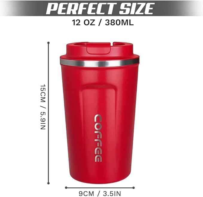 SPLMIFA Travel coffee mugs leak-proof, reusable coffee cup with lid, stainless steel vacuum insulated coffee tumblers, thermal insulation cups for men & women keep drinks hot & cold (2nd-Red, 12OZ)