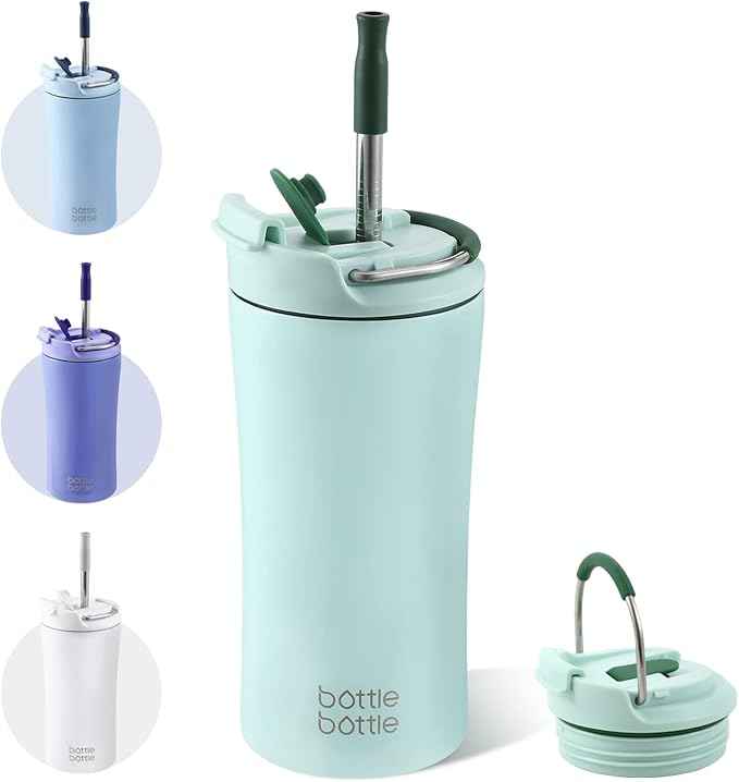 BOTTLE BOTTLE Coffee Tumbler with Dual-use Lid and Straw Double Walled Iced Travel Coffee Mug for Woman and Man 12 oz Stainless Steel Insulated Tumbler with Handle (green)
