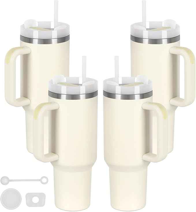 4 Pack 40 Oz Tumbler with Handle Bulk, Double Wall Vacuum Insulated Stainless Steel Tumbler with Lid and Straw, 40 oz cup with Silicone Spill Proof Stopper Set (Cream)