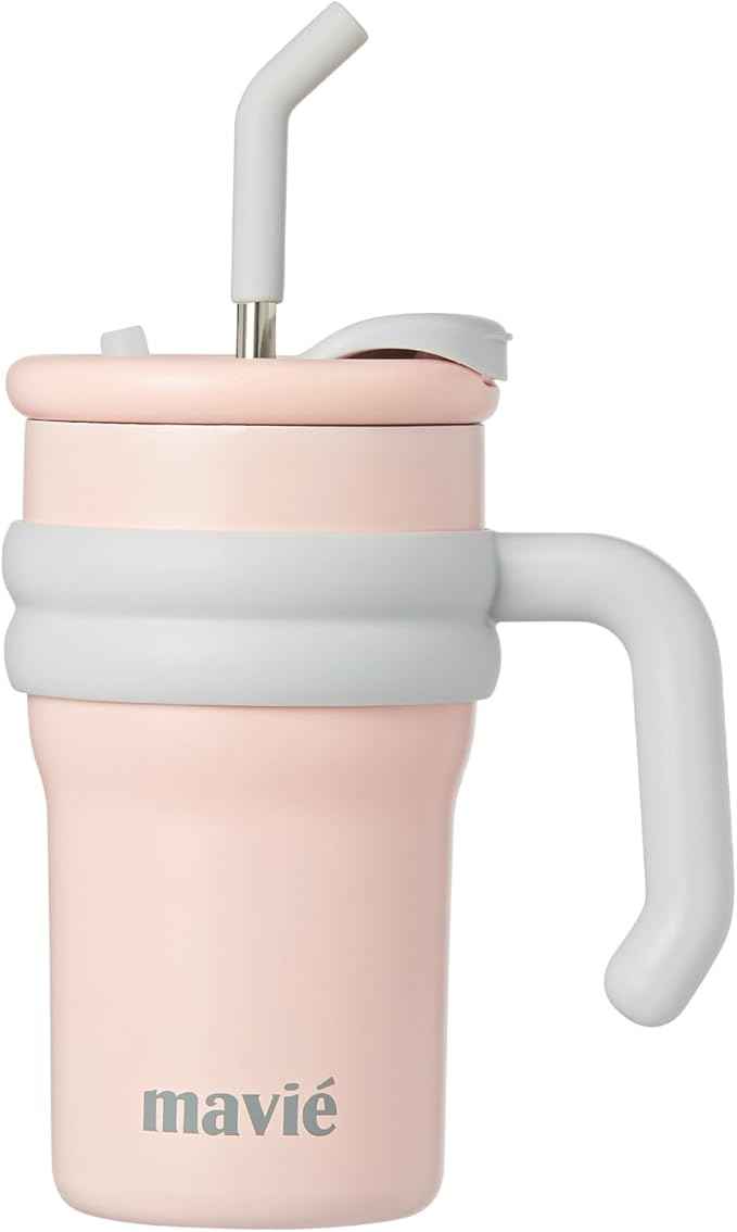 17oz Tumbler With Handle & Metal Straw + Silicone Cover & Sip Spout, Double Insulated Stainless Steel Water Bottle With Rubber Base, Leakproof Cup Holder Friendly Travel Coffee Mug (Light Pink)