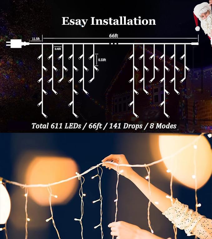 66ft LED Christmas Lights Outdoor Decorations, 8 Lighting Modes with Timer Memory 611 LED Curtain Fairy Light with 141 Drops, Waterproof Light for Christmas Holiday Wedding Party Decor (Cool White)