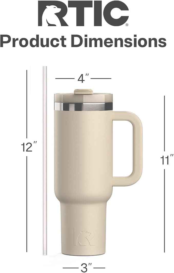 RTIC 40 oz Road Trip Tumbler Double-Walled Cermaic Lined Insulated Stainless Steel Portable Travel Coffee Mug Cup with Lid, Handle and Straw, Beach